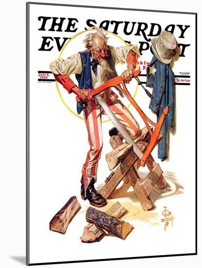 "Uncle Sam Sawing Wood," Saturday Evening Post Cover, July 2, 1932-Joseph Christian Leyendecker-Mounted Giclee Print