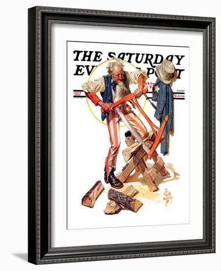 "Uncle Sam Sawing Wood," Saturday Evening Post Cover, July 2, 1932-Joseph Christian Leyendecker-Framed Giclee Print