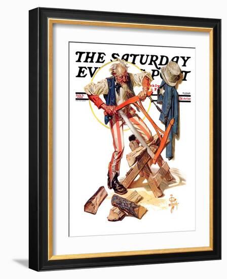 "Uncle Sam Sawing Wood," Saturday Evening Post Cover, July 2, 1932-Joseph Christian Leyendecker-Framed Giclee Print