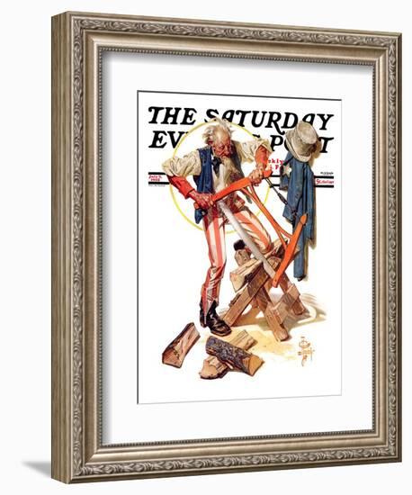 "Uncle Sam Sawing Wood," Saturday Evening Post Cover, July 2, 1932-Joseph Christian Leyendecker-Framed Giclee Print