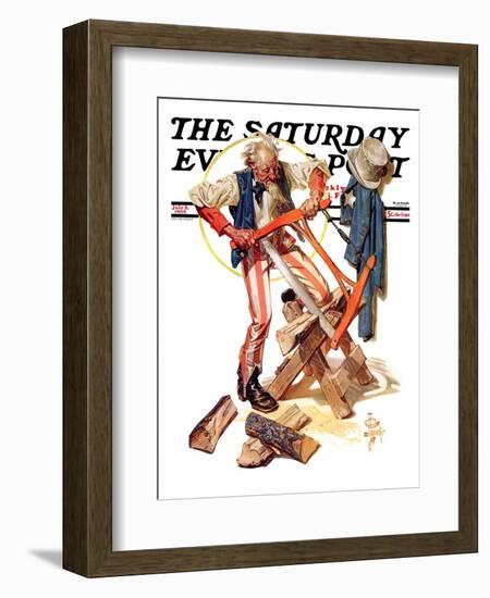 "Uncle Sam Sawing Wood," Saturday Evening Post Cover, July 2, 1932-Joseph Christian Leyendecker-Framed Giclee Print