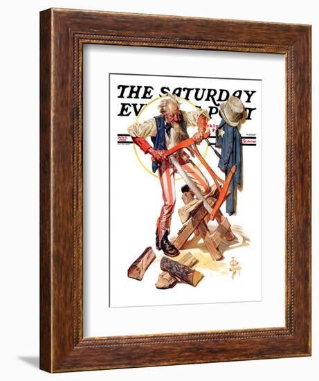 "Uncle Sam Sawing Wood," Saturday Evening Post Cover, July 2, 1932-Joseph Christian Leyendecker-Framed Giclee Print