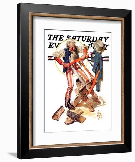 "Uncle Sam Sawing Wood," Saturday Evening Post Cover, July 2, 1932-Joseph Christian Leyendecker-Framed Giclee Print