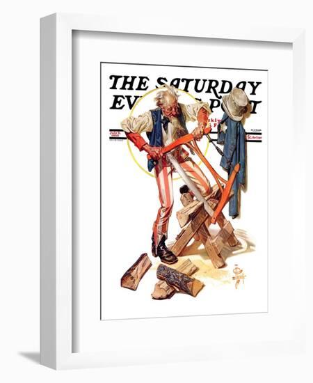 "Uncle Sam Sawing Wood," Saturday Evening Post Cover, July 2, 1932-Joseph Christian Leyendecker-Framed Giclee Print