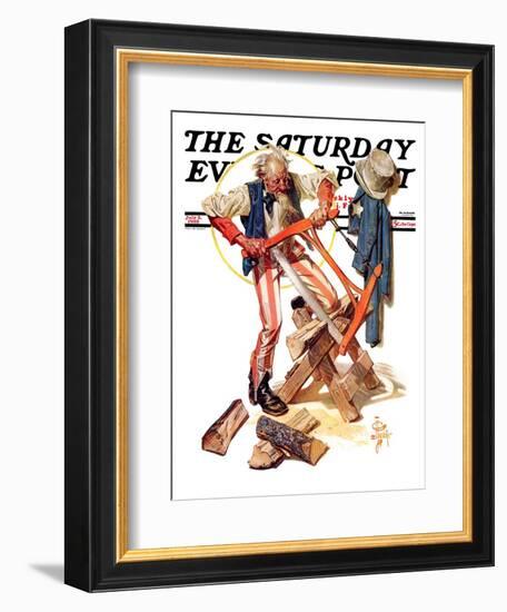 "Uncle Sam Sawing Wood," Saturday Evening Post Cover, July 2, 1932-Joseph Christian Leyendecker-Framed Giclee Print