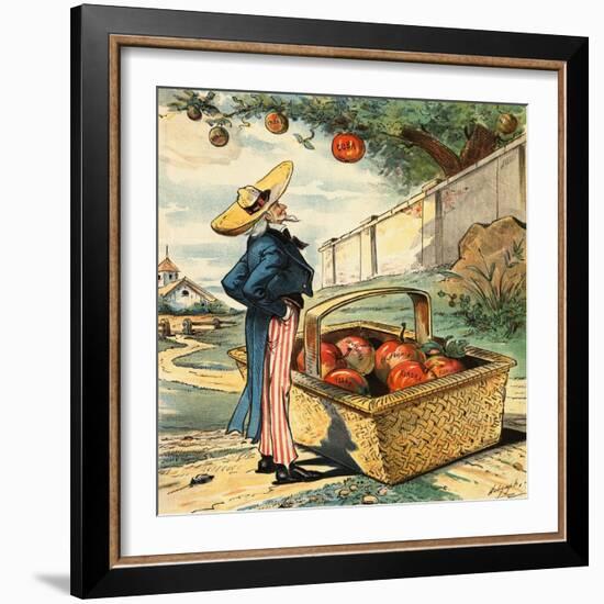 Uncle Sam Standing beside Basket of Apples-Bettmann-Framed Photographic Print