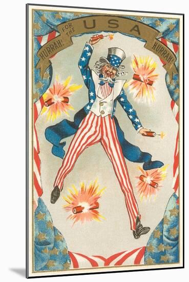 Uncle Sam Throwing Fire Crackers, Hurrah-null-Mounted Art Print