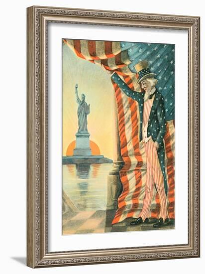 Uncle Sam Viewing Statue of Liberty-null-Framed Art Print