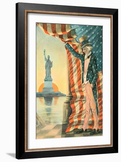 Uncle Sam Viewing Statue of Liberty-null-Framed Art Print