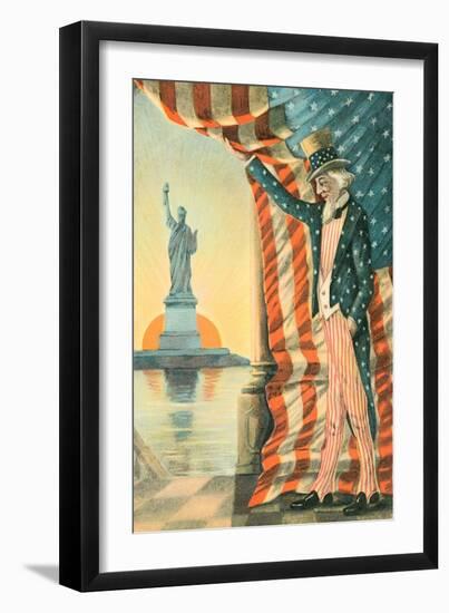 Uncle Sam Viewing Statue of Liberty-null-Framed Art Print