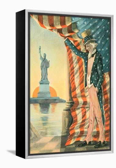 Uncle Sam Viewing Statue of Liberty-null-Framed Stretched Canvas