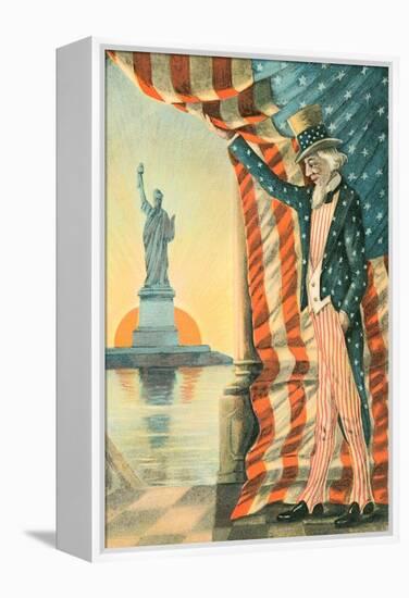 Uncle Sam Viewing Statue of Liberty-null-Framed Stretched Canvas