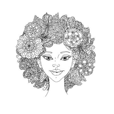 Download Uncolored Girlish Face For Adult Coloring Book In Famous Zenart Art Therapy Anti Stress Style Hand Art Print Mashabr Art Com