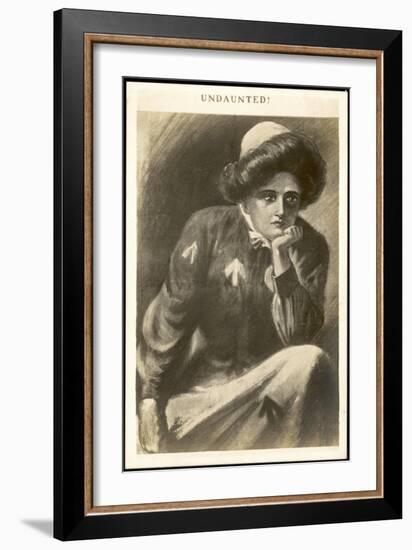 Undaunted, a Suffragette in Prison Uniform Contemplates-null-Framed Art Print