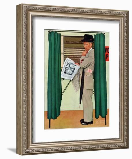 "Undecided"  November 4, 1944.  Man in voting booth w/newspaper.-Norman Rockwell-Framed Giclee Print