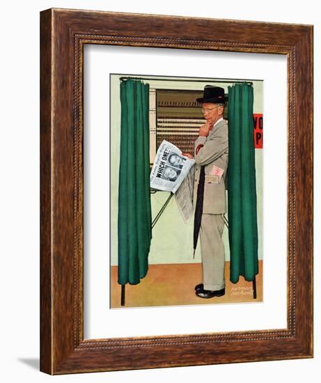 "Undecided"  November 4, 1944.  Man in voting booth w/newspaper.-Norman Rockwell-Framed Giclee Print