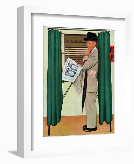 "Undecided"  November 4, 1944.  Man in voting booth w/newspaper.-Norman Rockwell-Framed Giclee Print