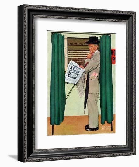 "Undecided"  November 4, 1944.  Man in voting booth w/newspaper.-Norman Rockwell-Framed Giclee Print