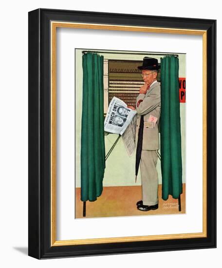 "Undecided"  November 4, 1944.  Man in voting booth w/newspaper.-Norman Rockwell-Framed Giclee Print