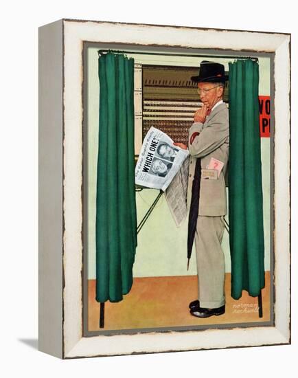 "Undecided"  November 4, 1944.  Man in voting booth w/newspaper.-Norman Rockwell-Framed Premier Image Canvas