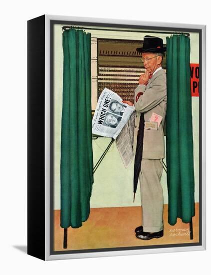 "Undecided"  November 4, 1944.  Man in voting booth w/newspaper.-Norman Rockwell-Framed Premier Image Canvas