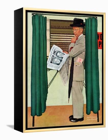 "Undecided"  November 4, 1944.  Man in voting booth w/newspaper.-Norman Rockwell-Framed Premier Image Canvas