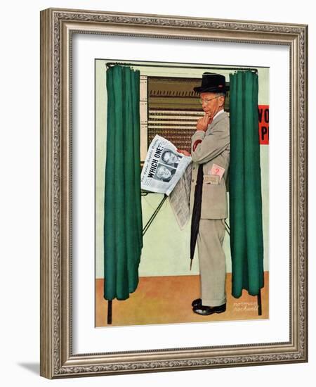 "Undecided"  November 4, 1944.  Man in voting booth w/newspaper.-Norman Rockwell-Framed Giclee Print