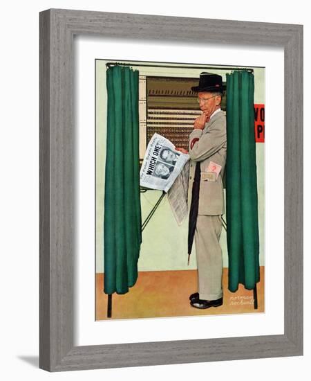 "Undecided"  November 4, 1944.  Man in voting booth w/newspaper.-Norman Rockwell-Framed Giclee Print