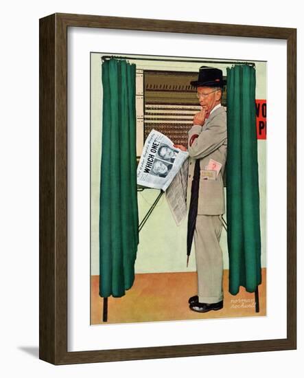 "Undecided"  November 4, 1944.  Man in voting booth w/newspaper.-Norman Rockwell-Framed Giclee Print