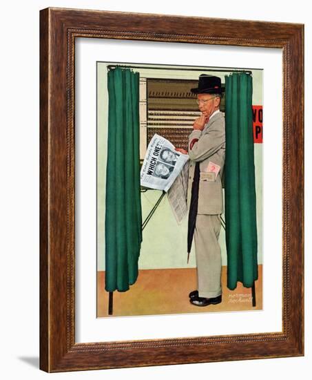 "Undecided"  November 4, 1944.  Man in voting booth w/newspaper.-Norman Rockwell-Framed Giclee Print