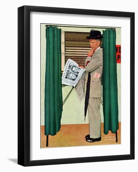 "Undecided"  November 4, 1944.  Man in voting booth w/newspaper.-Norman Rockwell-Framed Giclee Print