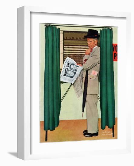 "Undecided"  November 4, 1944.  Man in voting booth w/newspaper.-Norman Rockwell-Framed Giclee Print