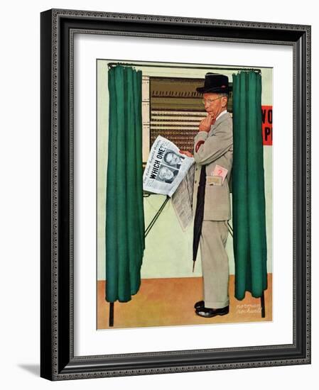 "Undecided"  November 4, 1944.  Man in voting booth w/newspaper.-Norman Rockwell-Framed Giclee Print