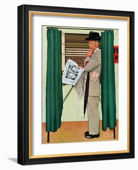 "Undecided"  November 4, 1944.  Man in voting booth w/newspaper.-Norman Rockwell-Framed Giclee Print