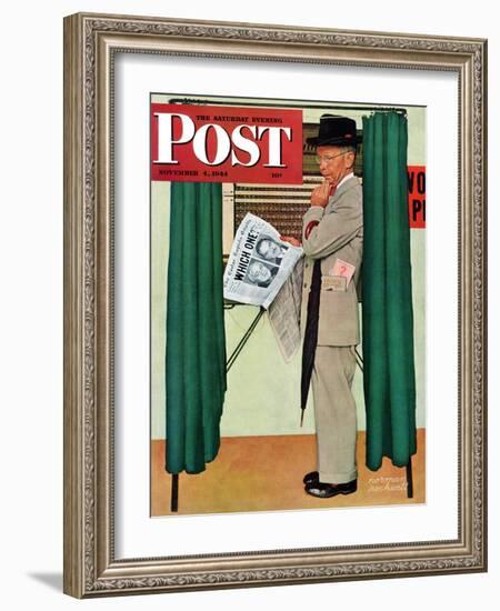 "Undecided" Saturday Evening Post Cover, November 4, 1944.  Man in voting booth w/newspaper.-Norman Rockwell-Framed Giclee Print