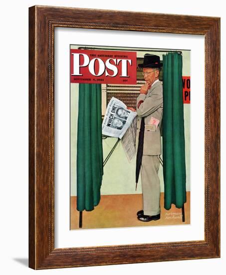 "Undecided" Saturday Evening Post Cover, November 4, 1944.  Man in voting booth w/newspaper.-Norman Rockwell-Framed Giclee Print