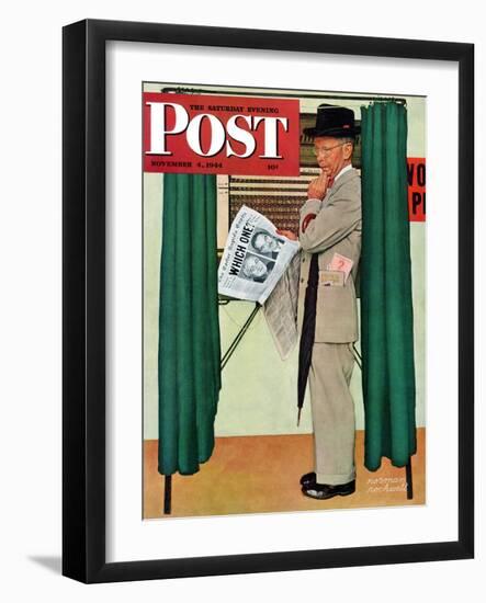 "Undecided" Saturday Evening Post Cover, November 4, 1944.  Man in voting booth w/newspaper.-Norman Rockwell-Framed Giclee Print