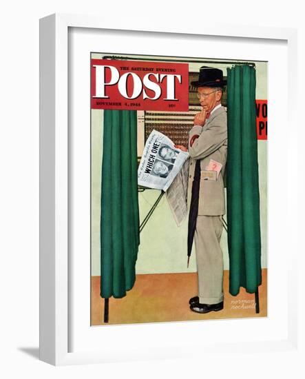 "Undecided" Saturday Evening Post Cover, November 4, 1944.  Man in voting booth w/newspaper.-Norman Rockwell-Framed Giclee Print