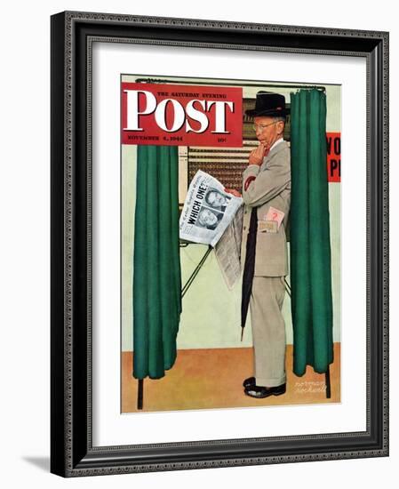 "Undecided" Saturday Evening Post Cover, November 4, 1944.  Man in voting booth w/newspaper.-Norman Rockwell-Framed Giclee Print