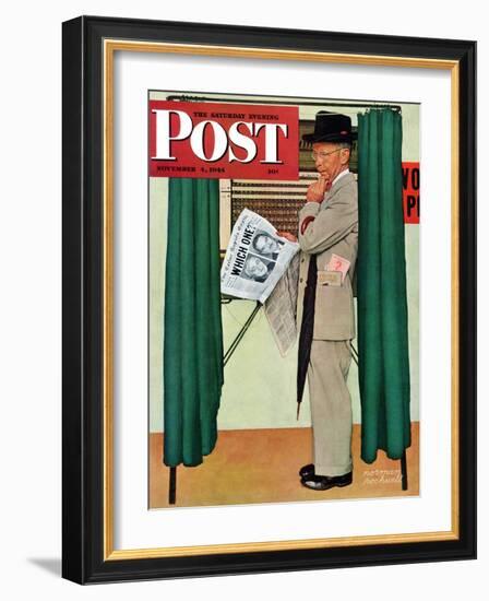 "Undecided" Saturday Evening Post Cover, November 4, 1944.  Man in voting booth w/newspaper.-Norman Rockwell-Framed Giclee Print