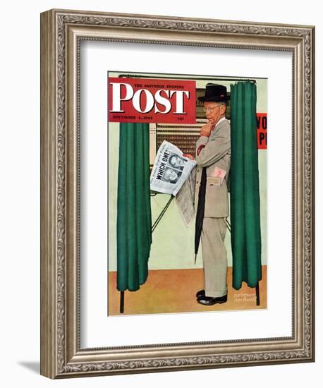 "Undecided" Saturday Evening Post Cover, November 4, 1944.  Man in voting booth w/newspaper.-Norman Rockwell-Framed Giclee Print