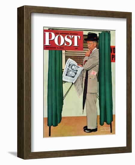 "Undecided" Saturday Evening Post Cover, November 4, 1944.  Man in voting booth w/newspaper.-Norman Rockwell-Framed Giclee Print