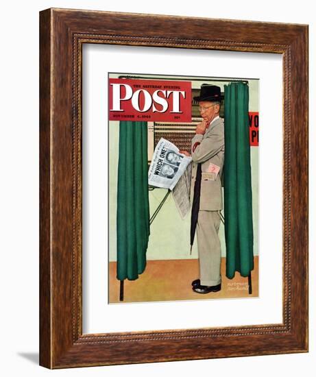 "Undecided" Saturday Evening Post Cover, November 4, 1944.  Man in voting booth w/newspaper.-Norman Rockwell-Framed Giclee Print