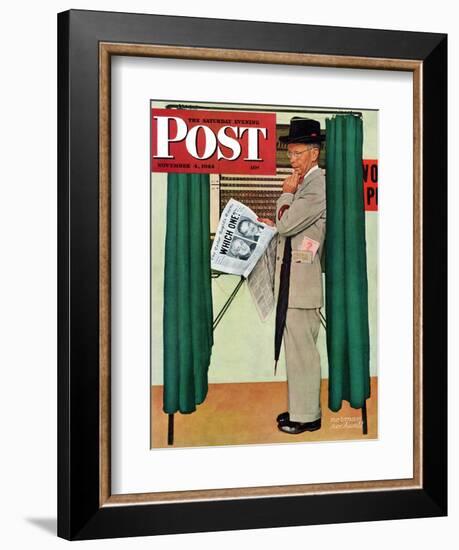 "Undecided" Saturday Evening Post Cover, November 4, 1944.  Man in voting booth w/newspaper.-Norman Rockwell-Framed Giclee Print