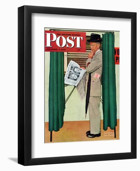 "Undecided" Saturday Evening Post Cover, November 4, 1944.  Man in voting booth w/newspaper.-Norman Rockwell-Framed Giclee Print