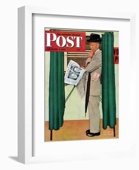 "Undecided" Saturday Evening Post Cover, November 4, 1944.  Man in voting booth w/newspaper.-Norman Rockwell-Framed Giclee Print