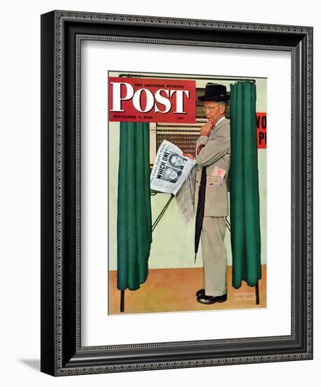 "Undecided" Saturday Evening Post Cover, November 4, 1944.  Man in voting booth w/newspaper.-Norman Rockwell-Framed Giclee Print