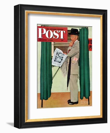 "Undecided" Saturday Evening Post Cover, November 4, 1944.  Man in voting booth w/newspaper.-Norman Rockwell-Framed Giclee Print