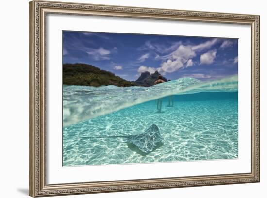 Under Over Underwater Shot Of A Stingray On White Sand, With Tourists Legs In The Bkgd Bora Bora-Karine Aigner-Framed Photographic Print