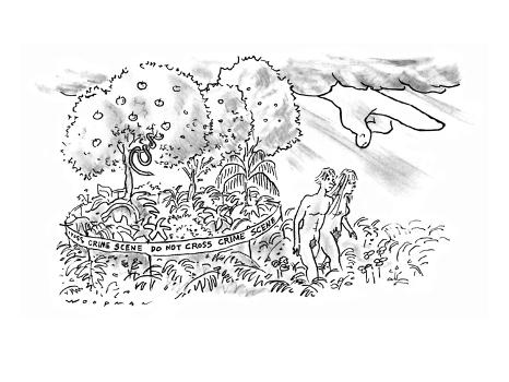Under the angry finger of God, Adam and Eve leave the Garden of Eden, whic…  - New Yorker Cartoon' Premium Giclee Print - Bill Woodman 
